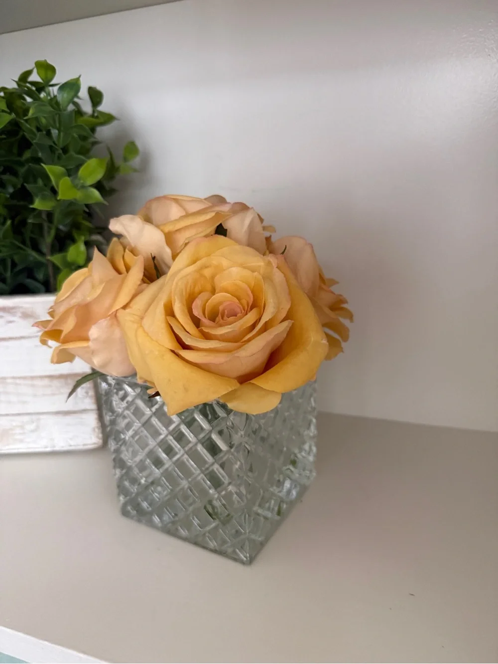 Ella Lux Real Touch Yellow Rose Floral Arrangement Glass Cube Vase Faux Flowers